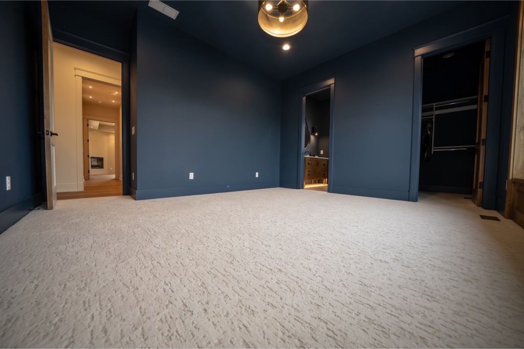 Plush bedroom carpet with navy walls