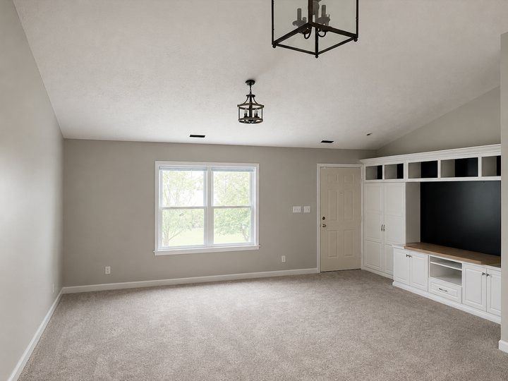 New wall-to-wall carpet in a great room with white entertainment built-ins in Indianapolis, IN
