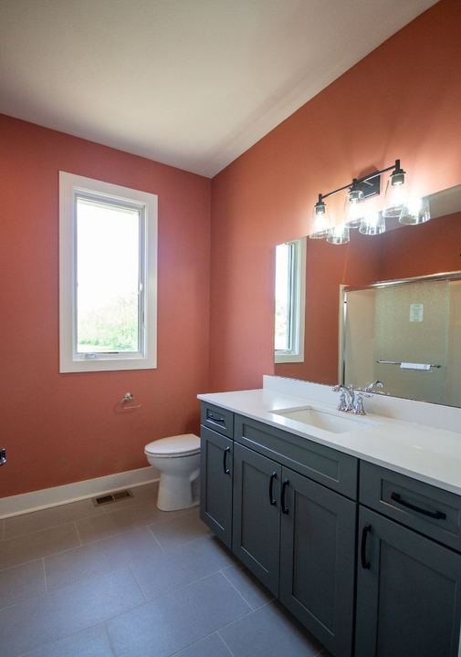 Hall bathroom with gray plank porcelain tile floor, terracotta walls and gray shaker vanity in Avon, IN